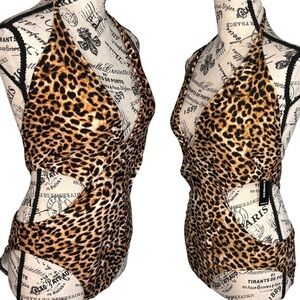 Express Leopard Print Deep V Neck High Side Cut Cut-Out Swimsuit Size L NWT
